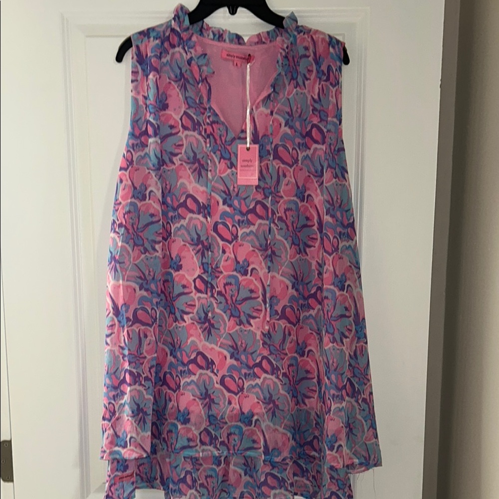 Simply Southern Pink and Blue Ruffled Sleeveless Dress